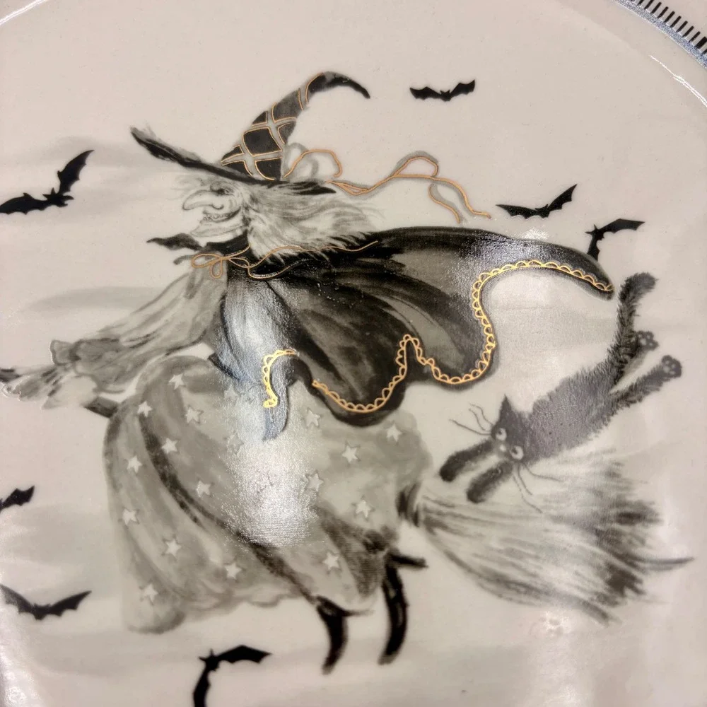 Potter's Studio Halloween Witch Black Cat Rose Dinner Plates Set of 2 Gold Trim